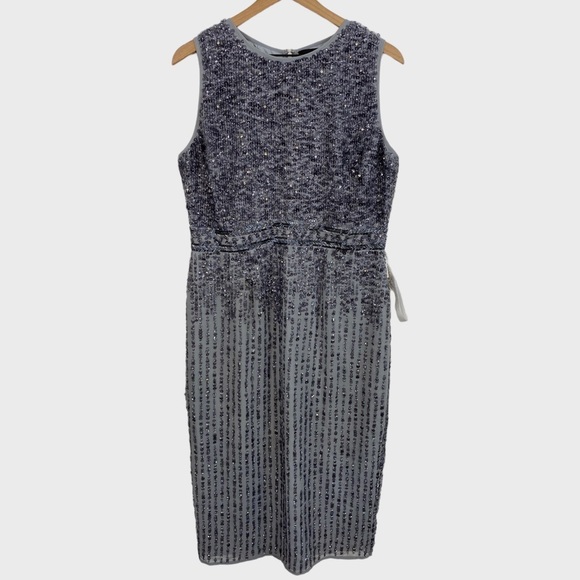 Mac Duggal NWOT Platinum Blue Grey Hand Embellished Sequin Cocktail Midi Dress - Picture 1 of 8